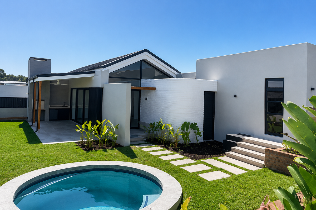 Modern rear exterior featuring a swimming pool, covered patio with built-in braai, and landscaped garden with stone pathways.