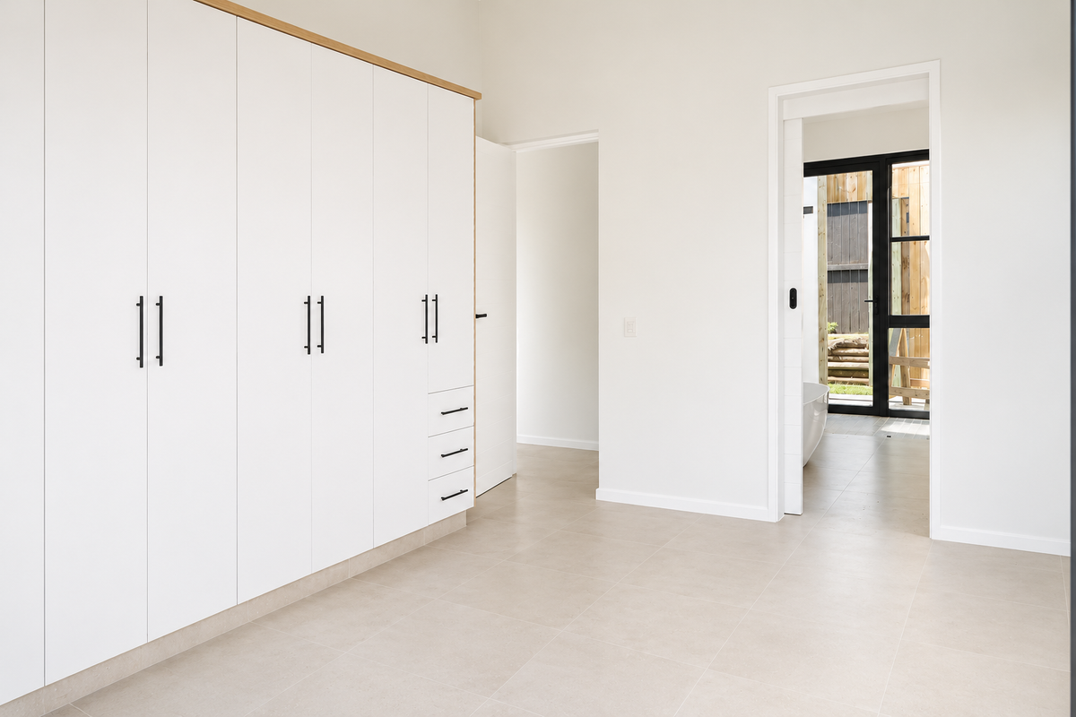 A bright, modern bedroom featuring extensive built-in white cabinetry, neutral tiled flooring, and a sliding door leading to an outdoor area.
