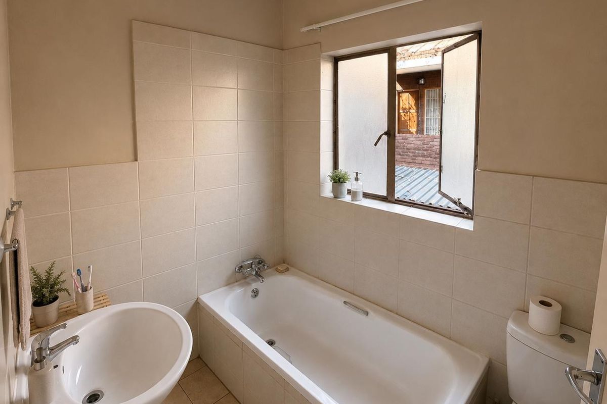 A functional bathroom featuring a bathtub, pedestal basin, and toilet with neutral wall tiling and a window providing natural light.