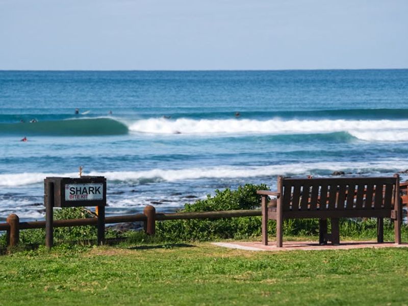 A scenic coastal view overlooking the ocean, featuring a well-maintained grassy verge and public seating area.