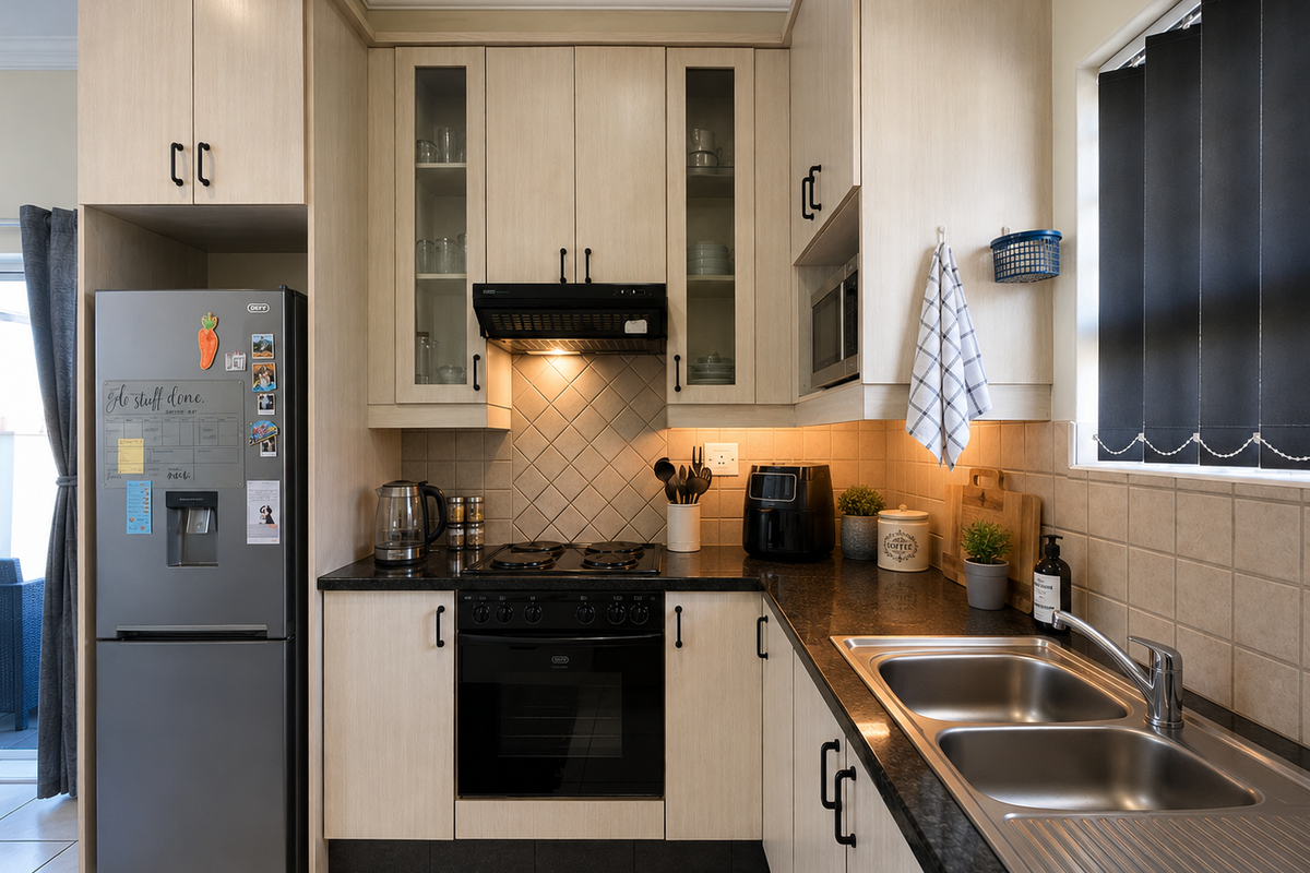 A well-maintained kitchen featuring light wood-finish cabinetry, dark countertops, a double stainless steel sink, and integrated appliances including an oven and extractor fan.