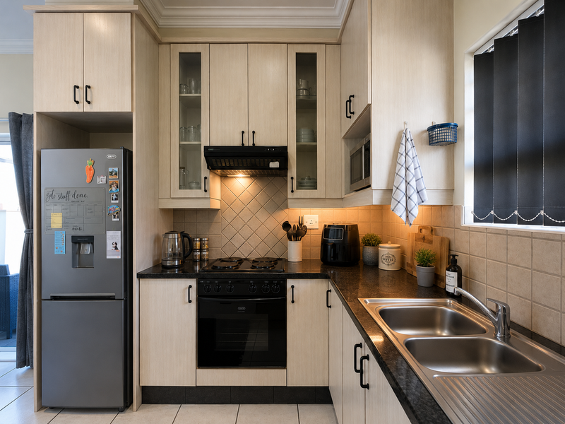 A well-maintained kitchen featuring light wood-finish cabinetry, dark countertops, a double stainless steel sink, and integrated appliances including an oven and extractor fan.