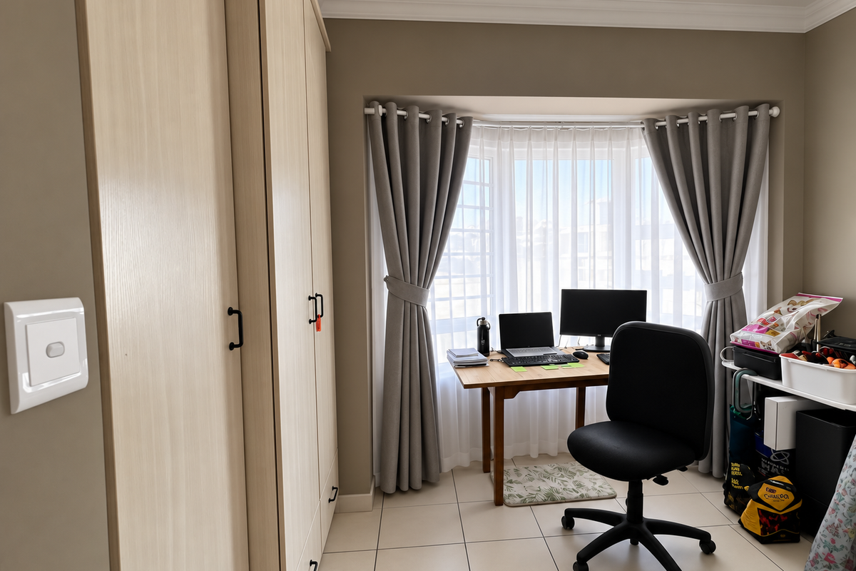 A well-maintained bedroom featuring light wood-finish built-in cupboards, neutral tiled flooring, and a bright bay window with elegant curtains.