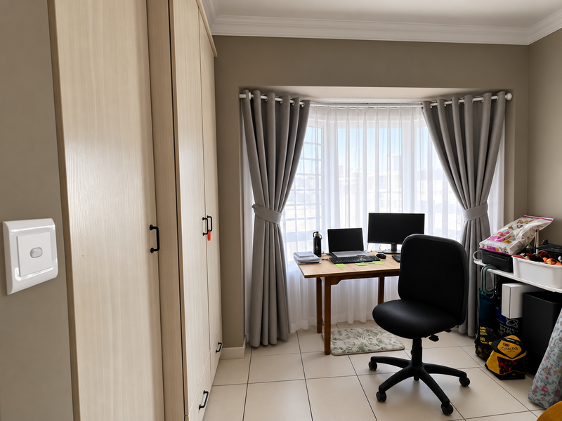 A well-maintained bedroom featuring light wood-finish built-in cupboards, neutral tiled flooring, and a bright bay window with elegant curtains.