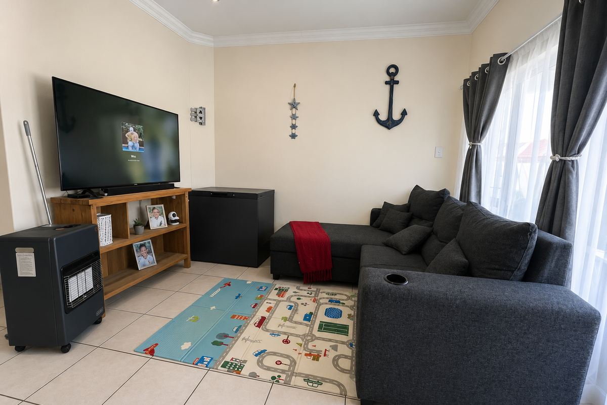 A comfortable living room featuring tiled flooring, recessed downlighting, and decorative cornicing, providing a functional and well-maintained space.