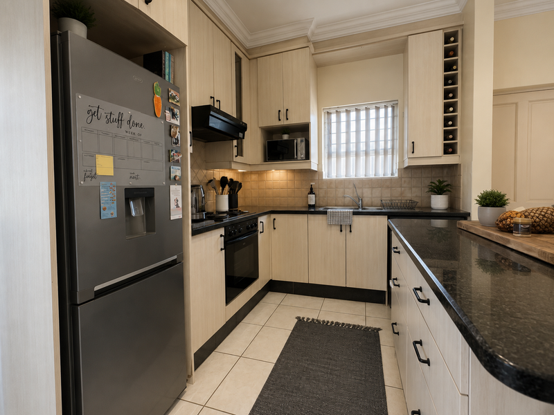 A well-maintained kitchen featuring light wood cabinetry, dark granite countertops, integrated appliances, and a functional layout with ample storage and workspace.