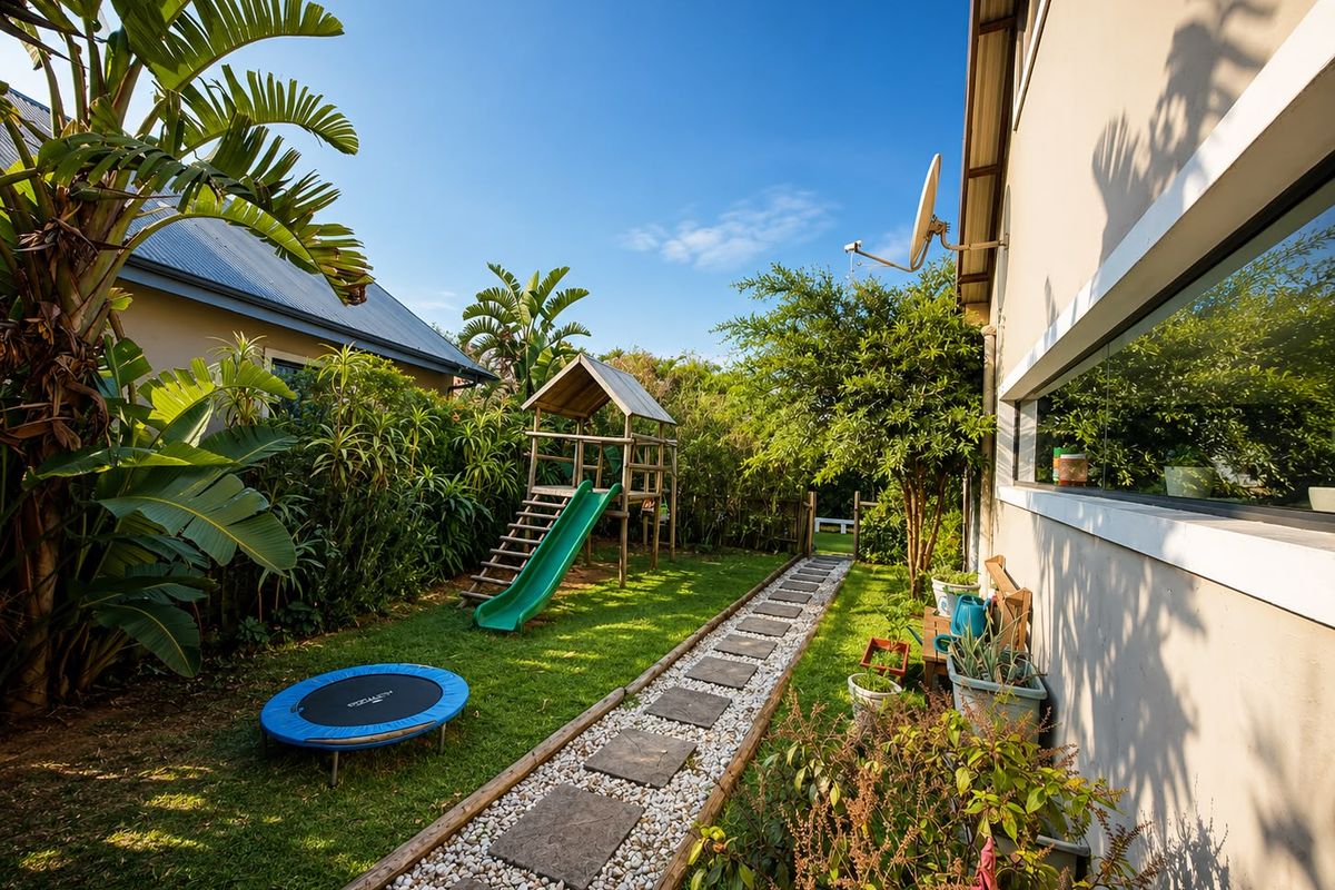 A well-maintained rear garden featuring a stone paver pathway, lush greenery, and a clear view of the property's exterior wall and window.