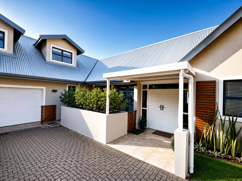 Modern front facade featuring a corrugated metal roof, paved driveway, double garage, and a welcoming covered entrance with built-in planter boxes.