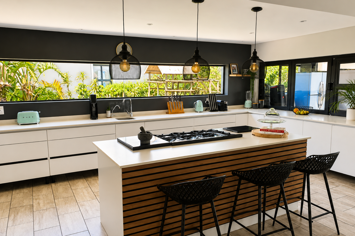 Modern kitchen featuring a central island with gas cooktop, sleek white cabinetry, tiled flooring, and a wide horizontal window overlooking the garden.