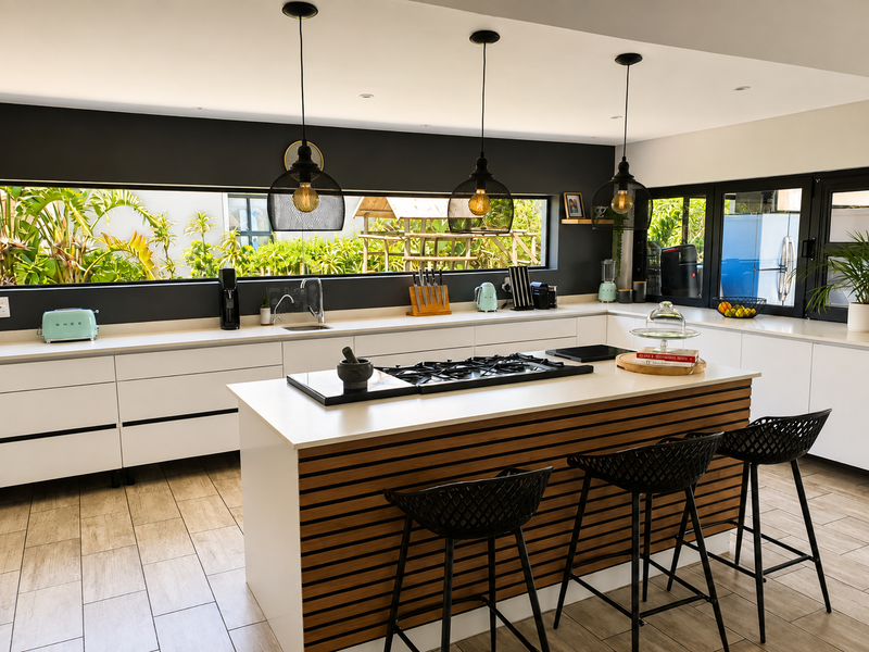 Modern kitchen featuring a central island with gas cooktop, sleek white cabinetry, tiled flooring, and a wide horizontal window overlooking the garden.
