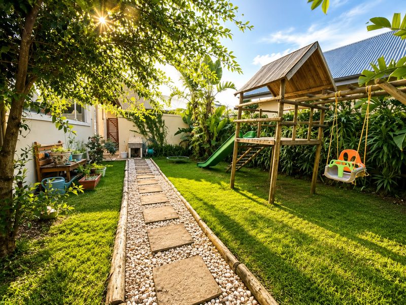 A well-maintained garden featuring a stone paver pathway, lush lawn, and established perimeter landscaping, creating a pleasant outdoor space.
