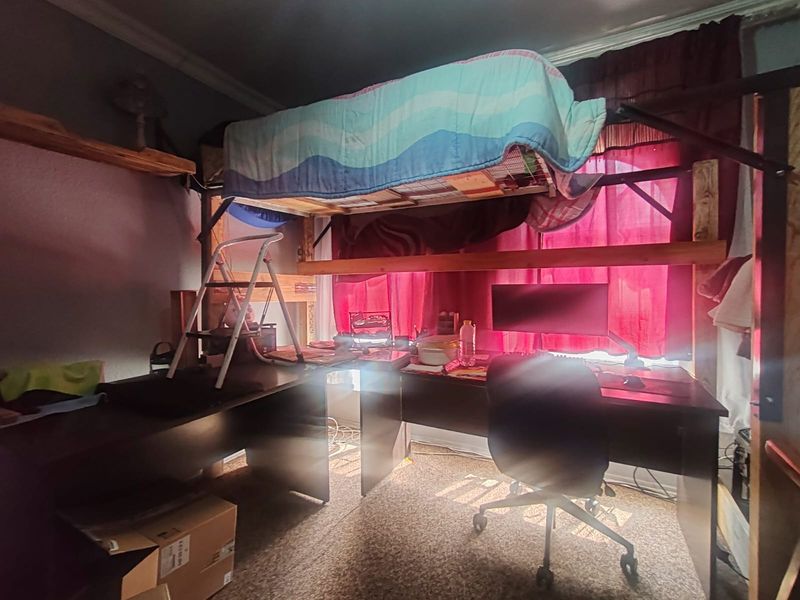 A bedroom featuring a custom built-in loft bed frame and crown molding, currently utilized as a workspace.