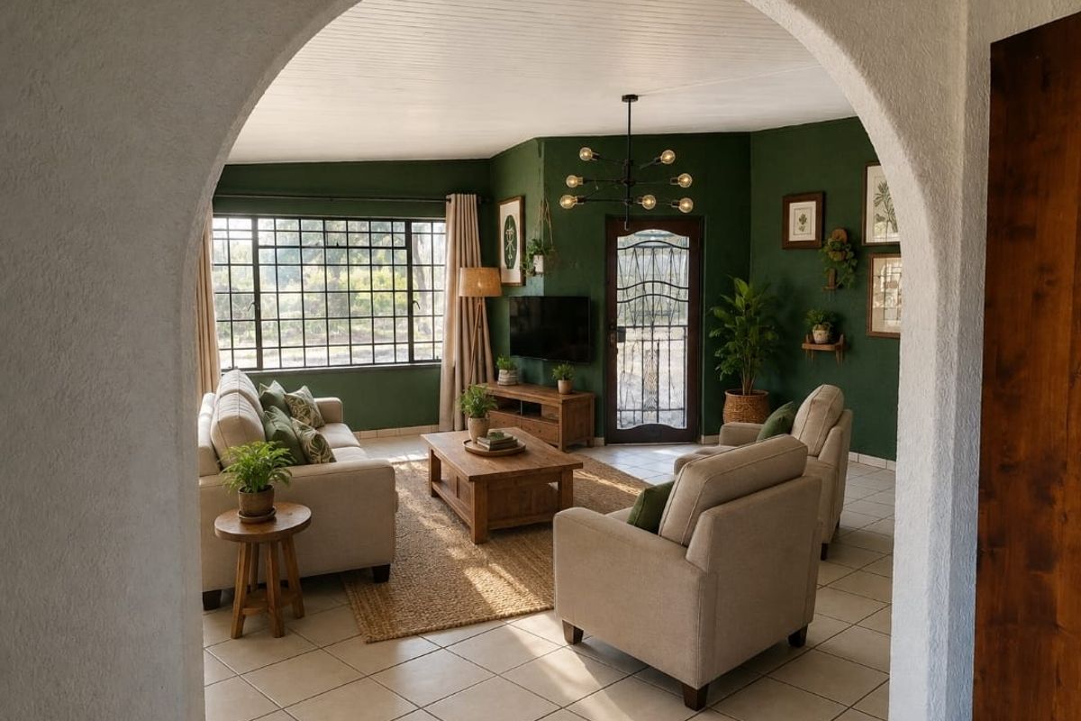 A cozy living room featuring an arched entryway, tiled floors, and a large grid-pattern window that allows for natural light.