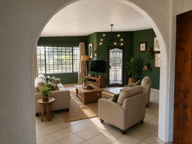 A cozy living room featuring an arched entryway, tiled floors, and a large grid-pattern window that allows for natural light.