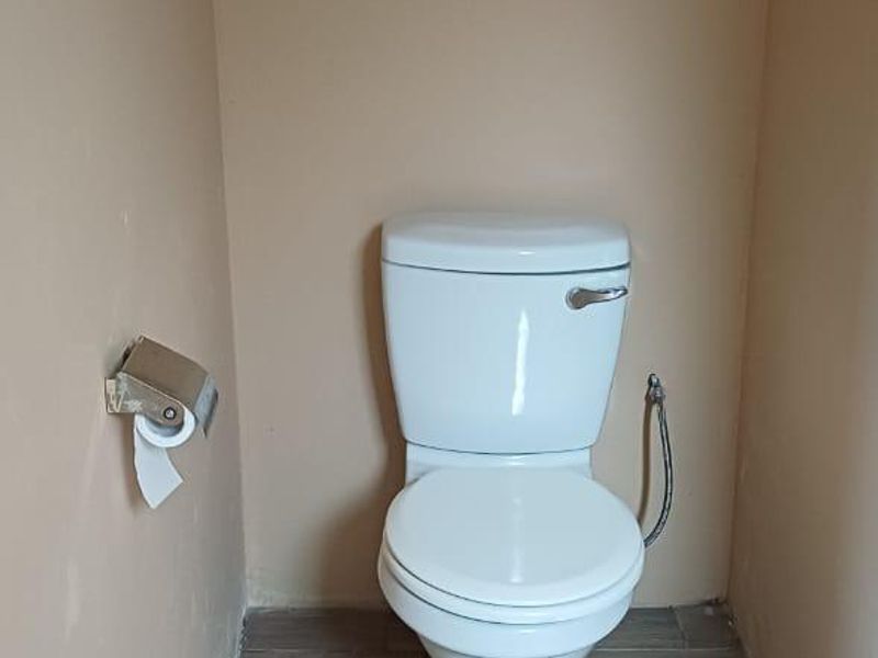 A small, functional bathroom featuring a white toilet, bidet spray, and wood-look tiled flooring.