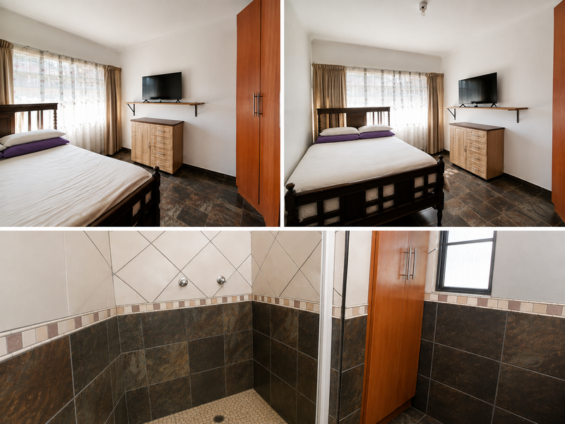 A bedroom featuring tiled flooring and a built-in wardrobe, accompanied by a bathroom area with tiled shower finishes.