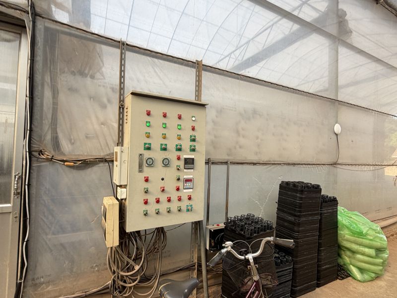A utility area within a greenhouse tunnel featuring a central electrical control panel and industrial plastic sheeting structure.