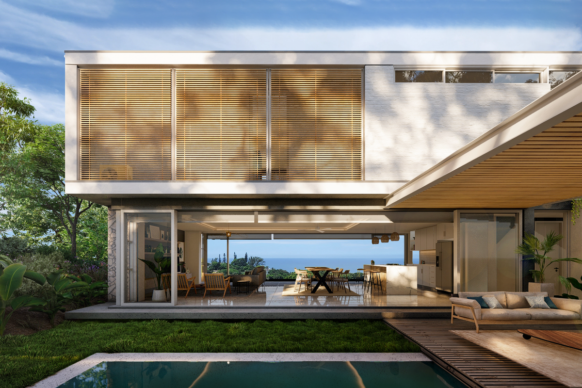 Modern rear elevation featuring a swimming pool, timber decking, and seamless indoor-outdoor flow through large sliding glass doors into an open-plan living space.