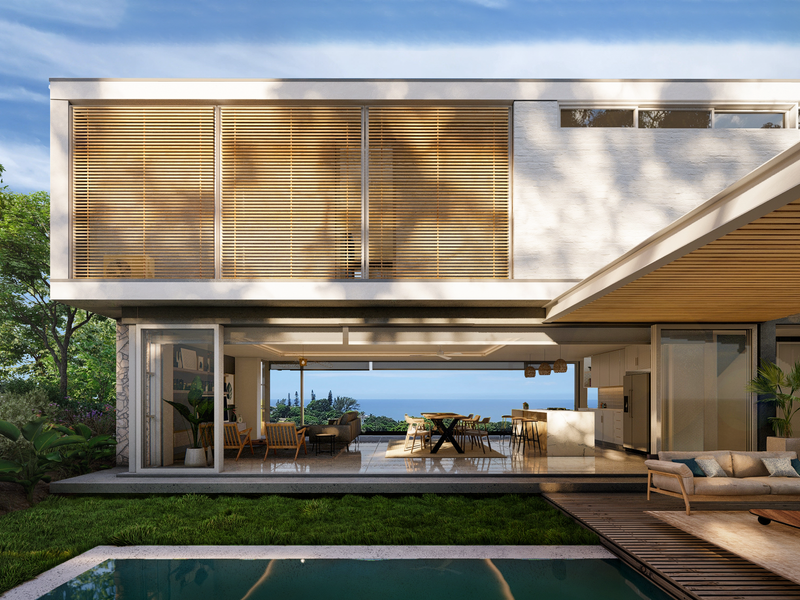 Modern rear elevation featuring a swimming pool, timber decking, and seamless indoor-outdoor flow through large sliding glass doors into an open-plan living space.