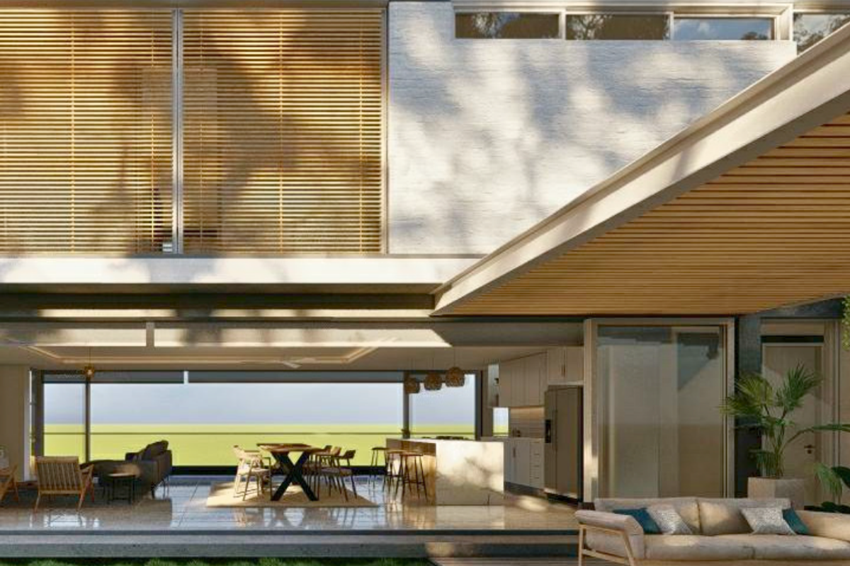 Modern open-plan living area featuring seamless indoor-outdoor flow, timber slatted ceilings, stone flooring, and a contemporary kitchen with a central island.