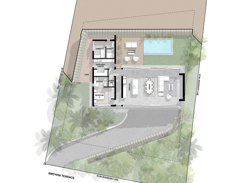 A detailed ground floor architectural plan for Erf 1326, illustrating the layout of the residence, outdoor areas, and site boundaries.