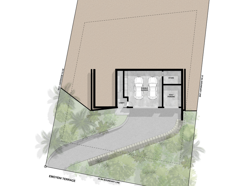 Architectural basement floor plan showing a double garage, storage area, golf cart parking, and lobby access.