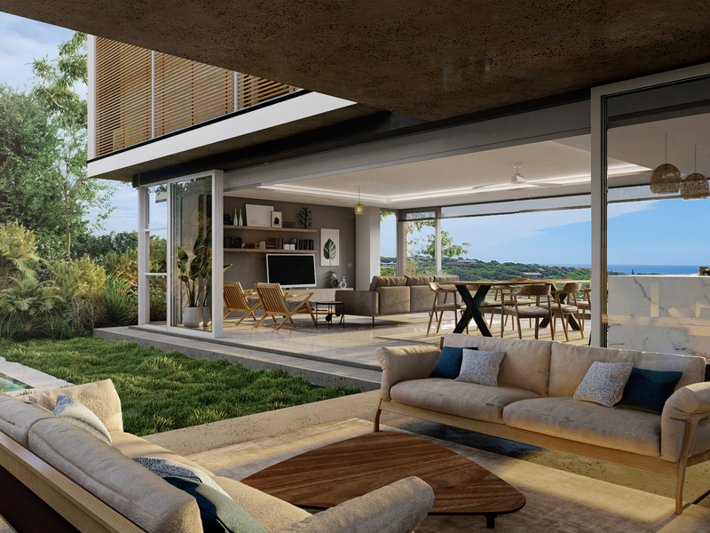 Modern open-plan living area seamlessly connecting to a covered patio and swimming pool, featuring high-end finishes and expansive ocean views.