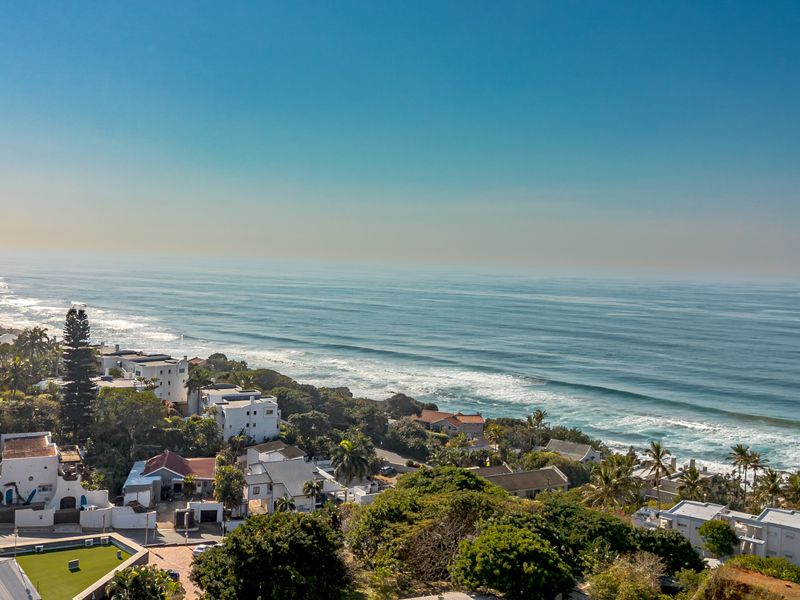 An elevated aerial view showcasing the coastal landscape, ocean, and surrounding residential neighborhood.