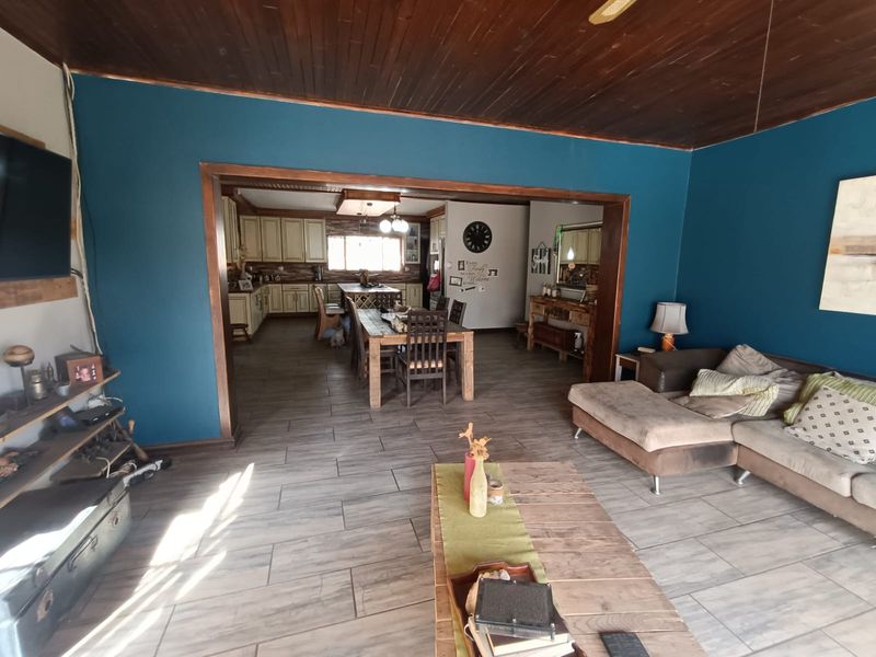 Spacious open-plan living and dining area featuring timber ceilings, tiled floors, and a connected kitchen with ample cabinetry.