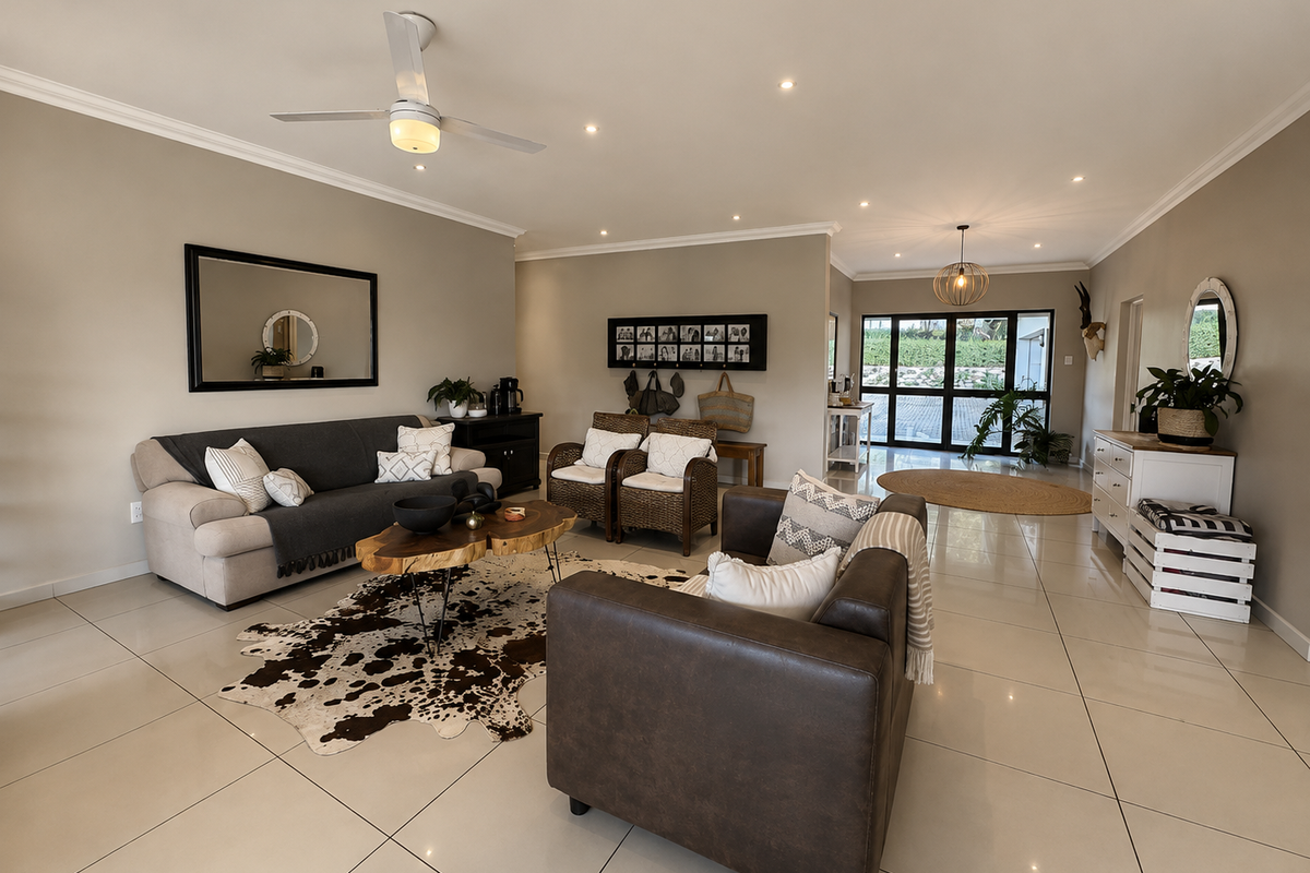 Spacious open-plan living area featuring large format floor tiles, recessed lighting, a ceiling fan, and sliding glass doors leading to the exterior.