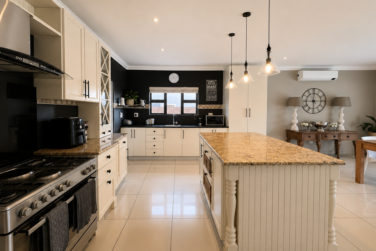 Spacious kitchen featuring a large central island with granite countertops, gas stove, ample cabinetry, and modern pendant lighting, finished with polished floor tiles.