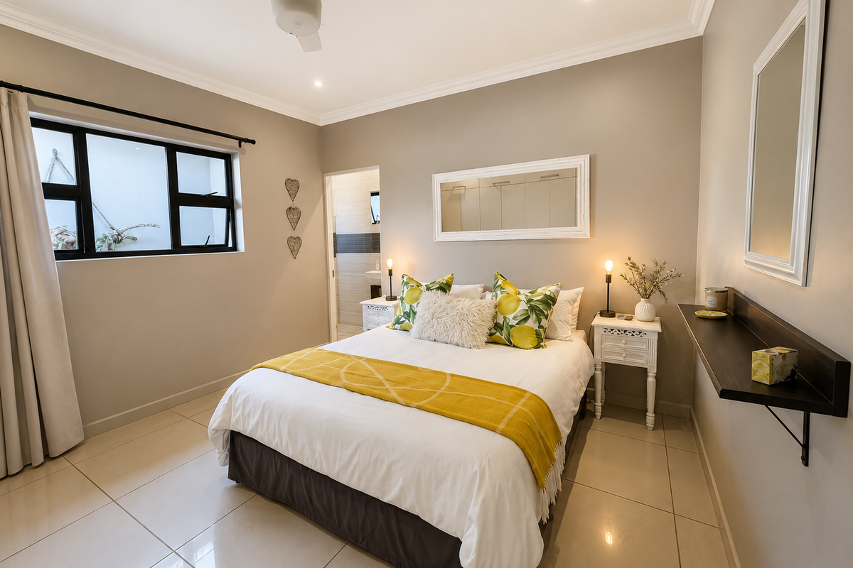 A well-maintained bedroom featuring neutral wall tones, large format floor tiles, a ceiling fan, and direct access to an en-suite bathroom.