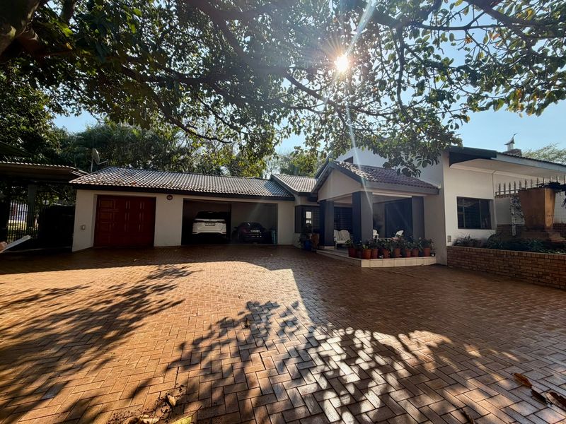 Front elevation of a residential property featuring a spacious paved driveway, double garage, and a covered entrance area under a mature tree canopy.