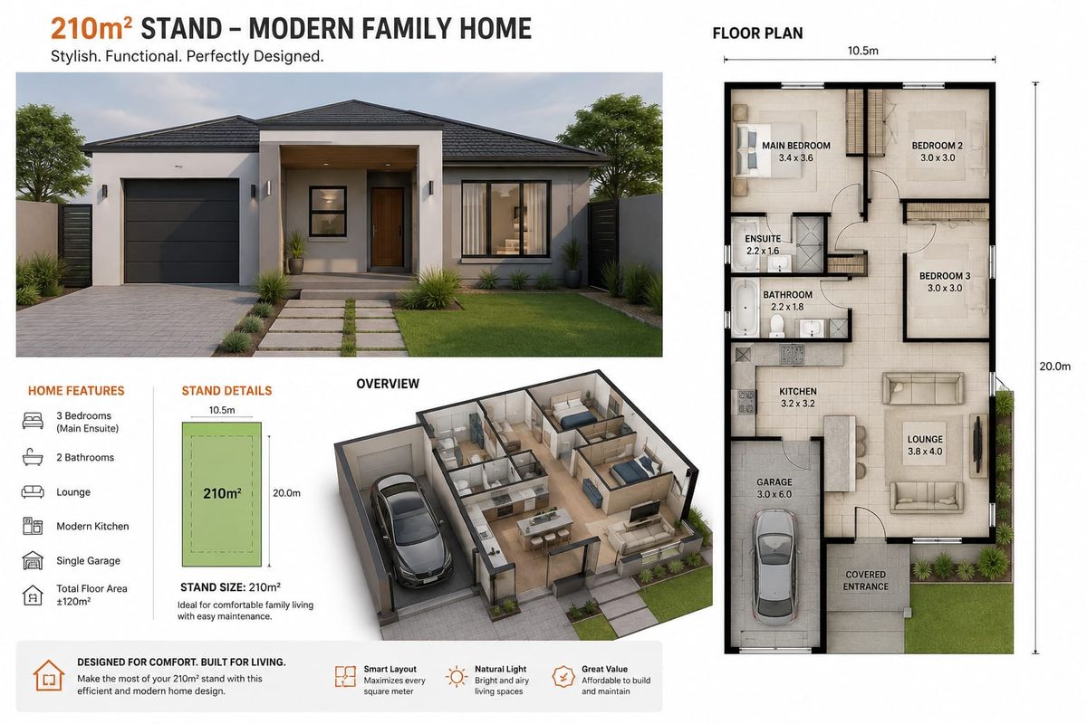 A comprehensive architectural floor plan and 3D rendering showcasing a modern 210m2 residential stand with a three-bedroom home design.