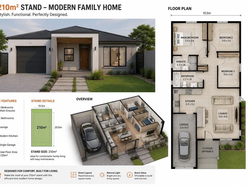 A comprehensive architectural floor plan and 3D rendering showcasing a modern 210m2 residential stand with a three-bedroom home design.
