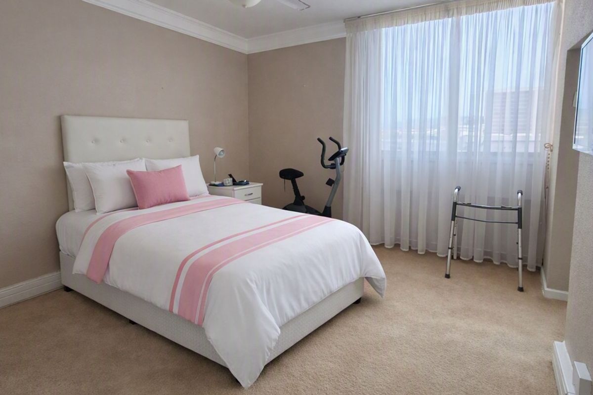 A well-maintained bedroom featuring neutral wall tones, carpeted flooring, decorative ceiling coving, and a wall-mounted television.
