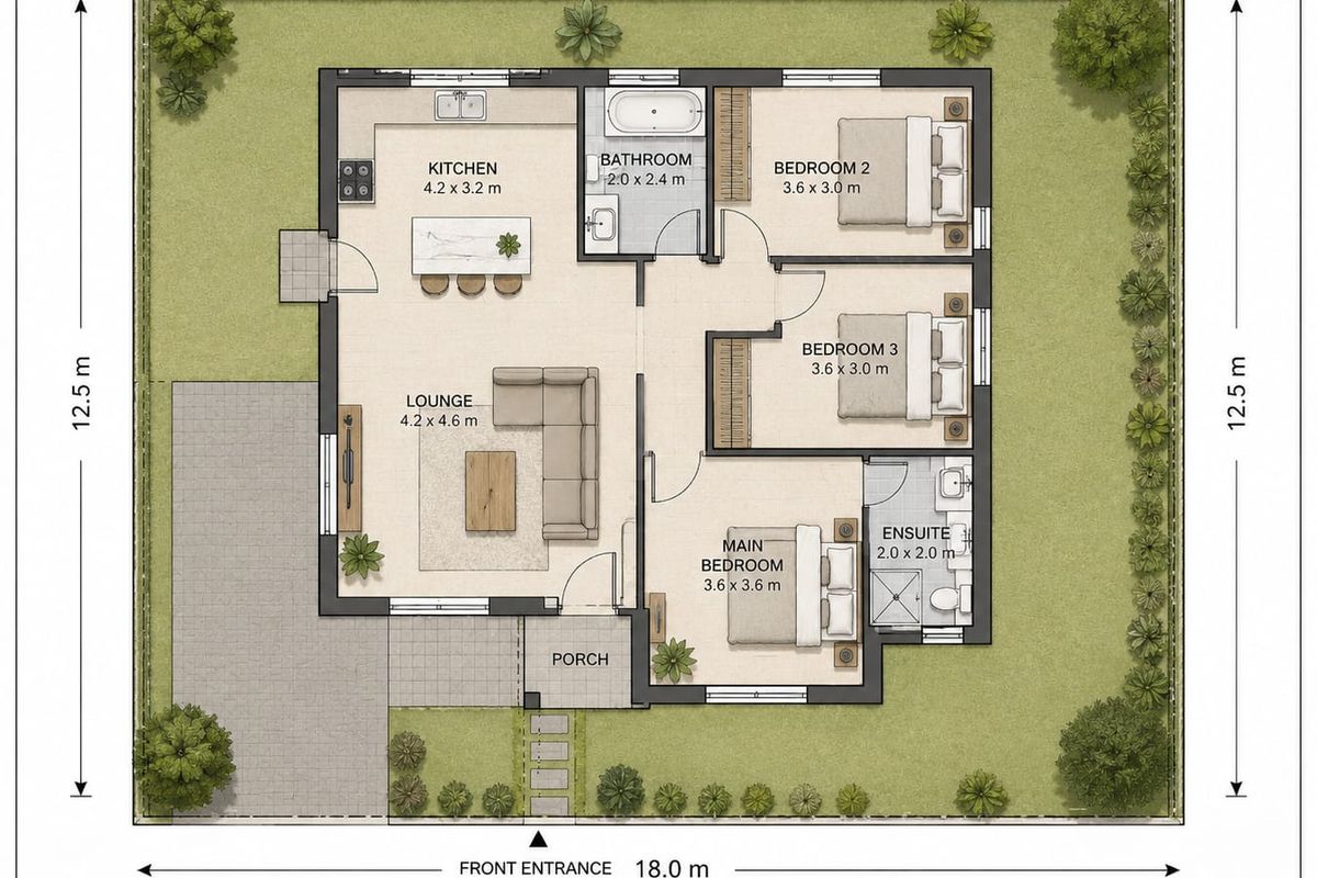 A detailed architectural floor plan for a residential property featuring three bedrooms, two bathrooms, an open-plan kitchen and lounge area, and a porch.