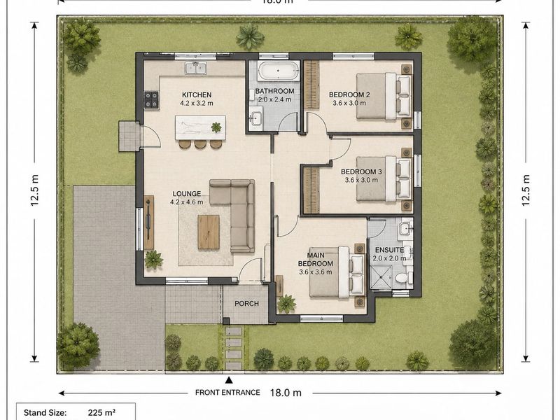 A detailed architectural floor plan for a residential property featuring three bedrooms, two bathrooms, an open-plan kitchen and lounge area, and a porch.