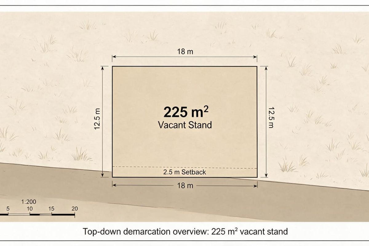 A clear top-down floor plan diagram illustrating the dimensions and layout of a 225 square meter vacant residential stand.