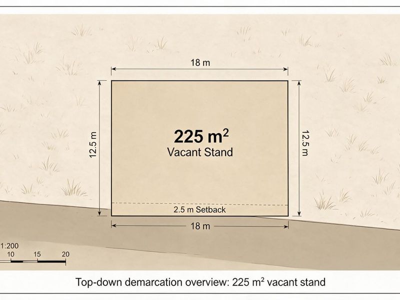 A clear top-down floor plan diagram illustrating the dimensions and layout of a 225 square meter vacant residential stand.