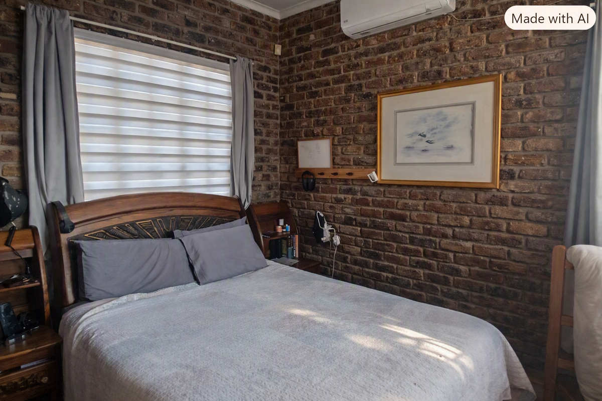 A cozy bedroom featuring a distinctive exposed brick wall, integrated air conditioning unit, and modern roller blinds for privacy.