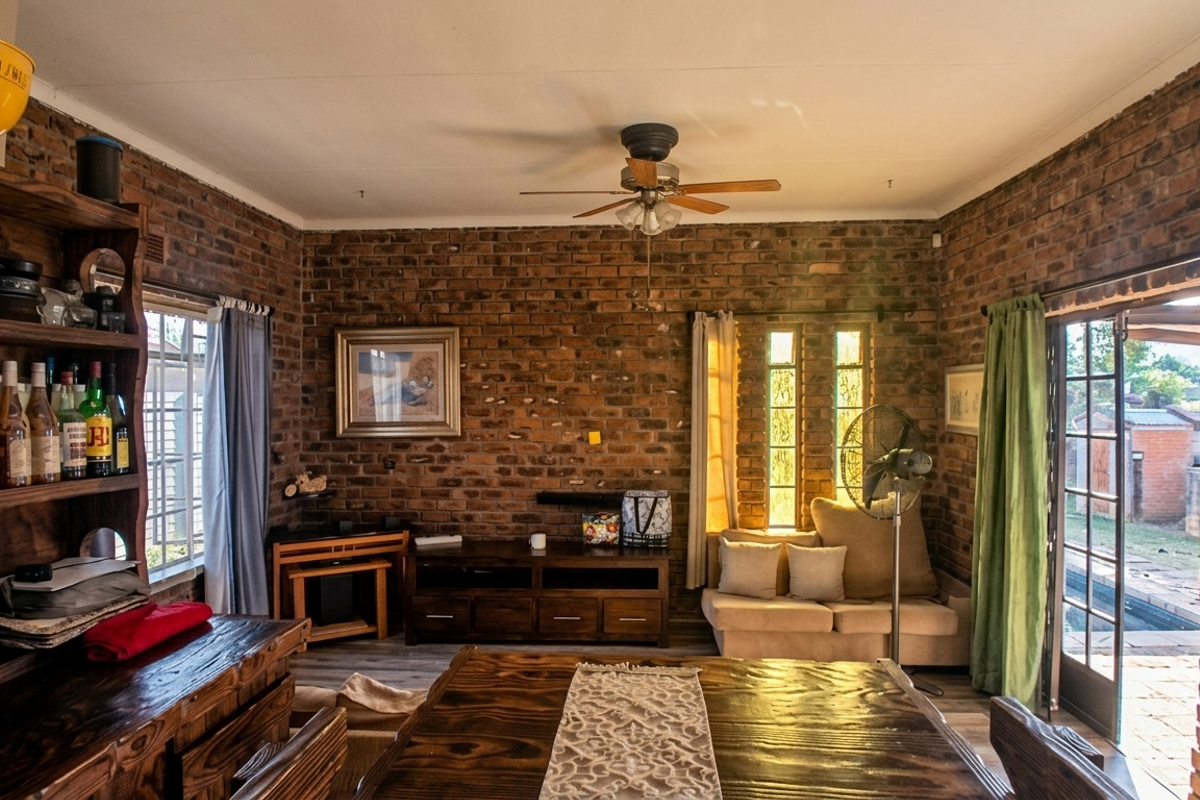 A rustic living room featuring exposed brick walls, a ceiling fan, and direct access to the outdoor area through glass-paned french doors.