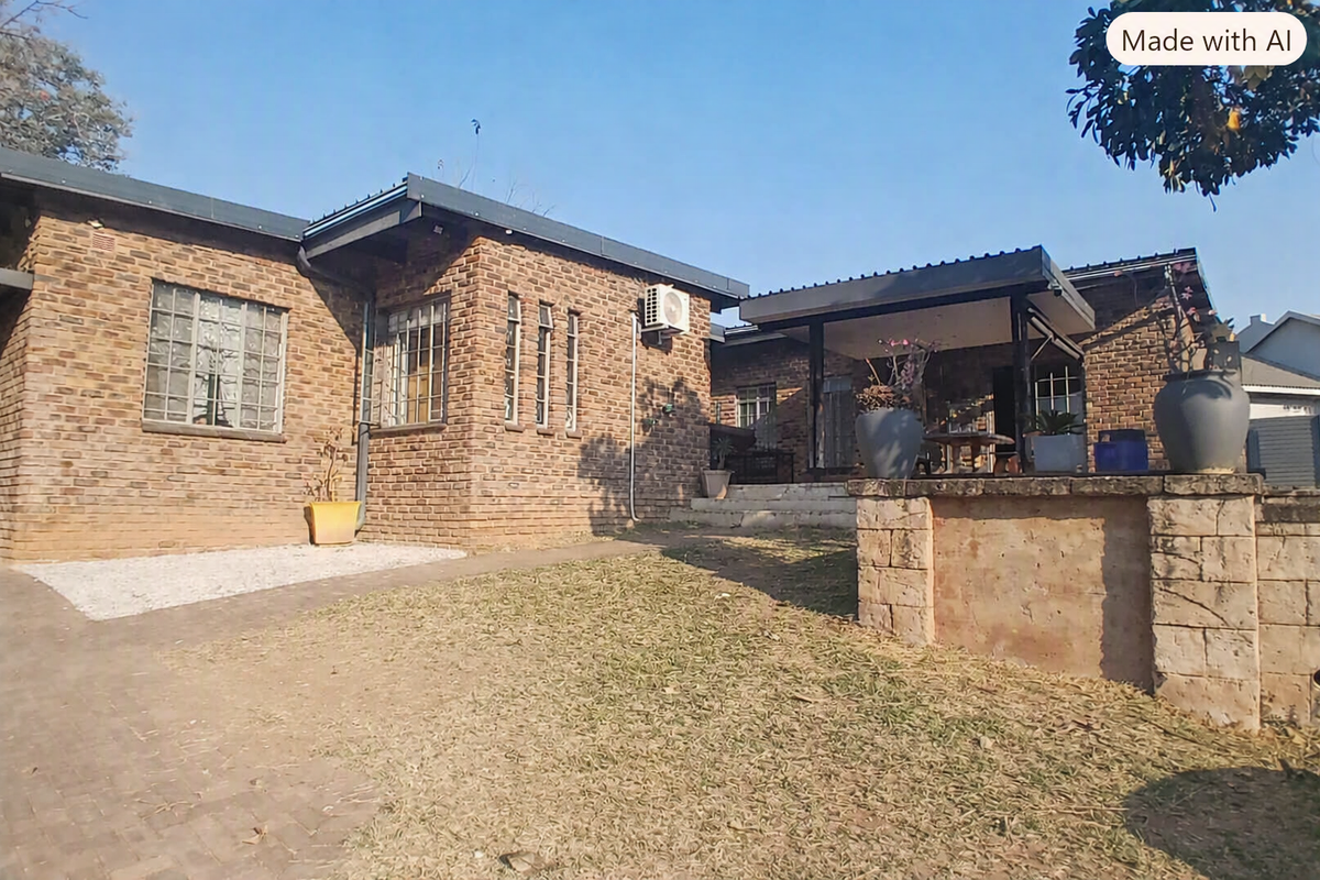 Rear view of a face brick house featuring a covered patio, paved walkway, and a stone retaining wall in a landscaped garden setting.