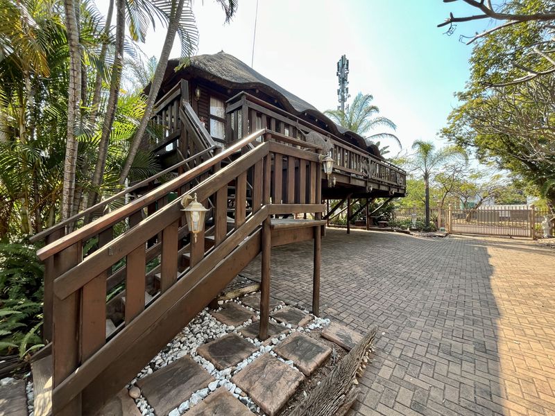 Elevated timber structure with a thatched roof, featuring a wooden staircase and deck overlooking a paved driveway area.