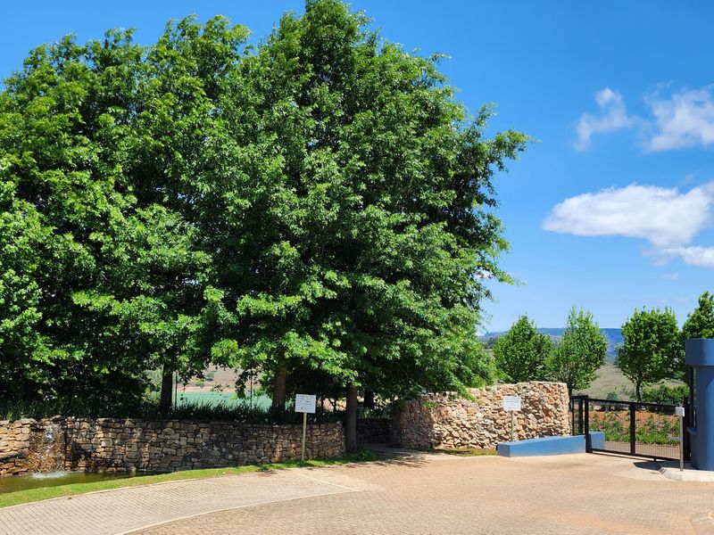 Entrance view of the property featuring a paved driveway, security guard house, stone retaining wall, and established trees.