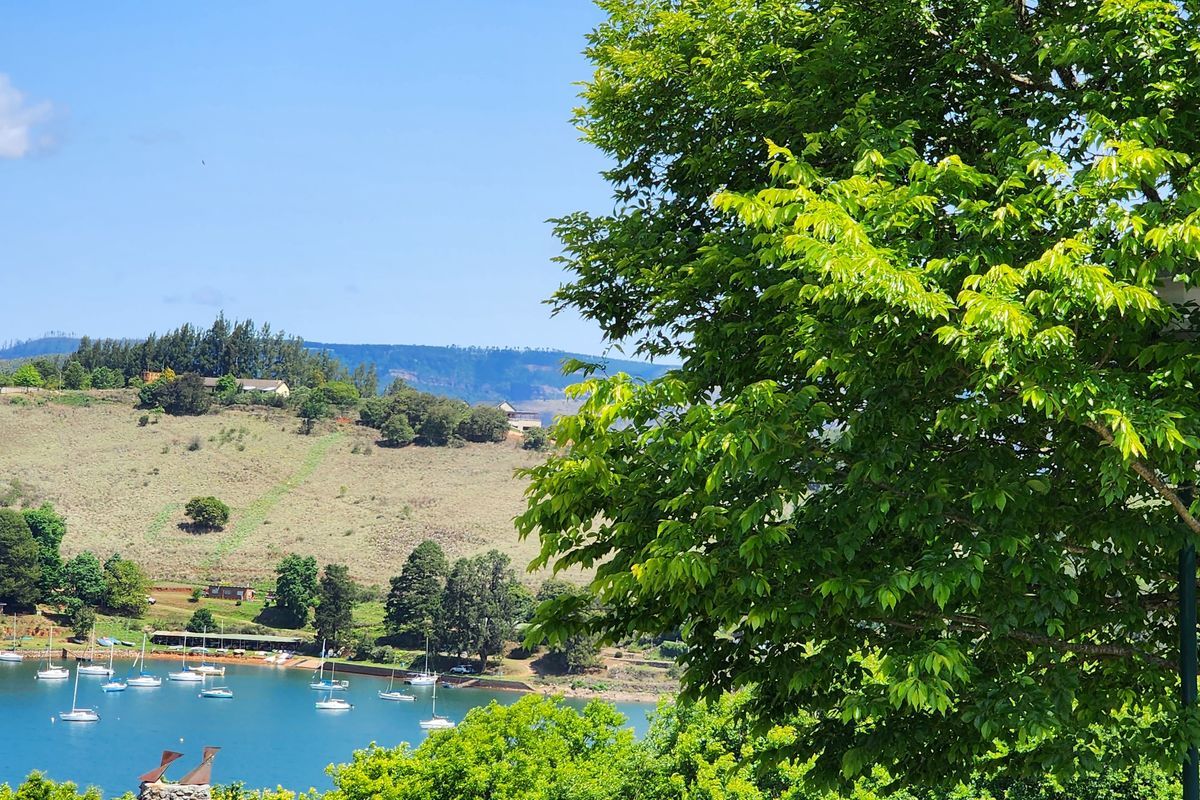 A scenic view overlooking a tranquil lake with boats, surrounded by rolling hills and lush greenery.