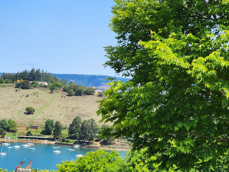 A scenic view overlooking a tranquil lake with boats, surrounded by rolling hills and lush greenery.