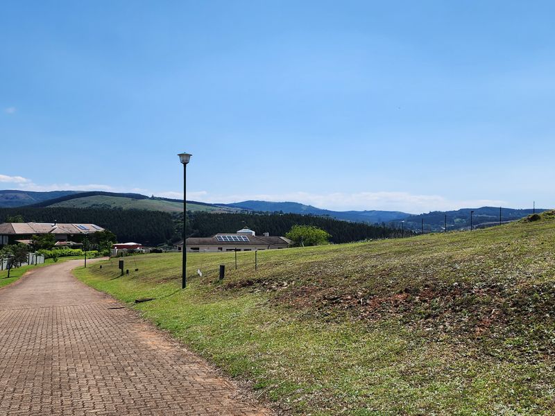 A view of a paved driveway leading through a residential area with surrounding green hills and clear blue skies.