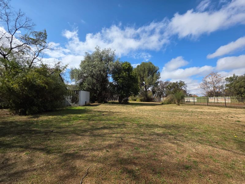 A spacious, open garden area featuring mature trees and perimeter fencing, offering significant potential for landscaping or outdoor development.