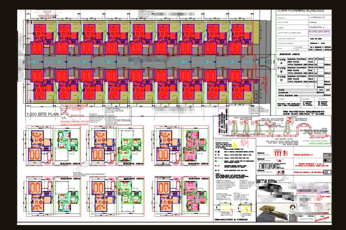 A detailed site plan and architectural floor plan layout for a residential development project.